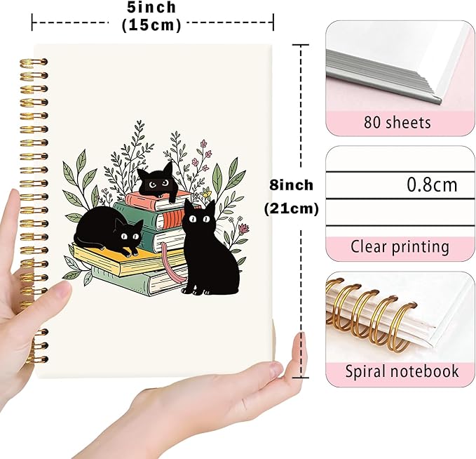 Lacama Black Cat Notebook Journal, Cute Cat Notebook Gifts for Women, Trendy Black Cat Spiral Notebooks, Gifts for Cat Lovers, Cat Stationary, Cat Notepad, School Supplies, Office Supplies 5.5x8.3