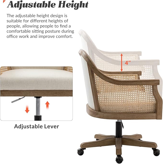 HULALA HOME Rattan Desk Chair, Upholstered Home Office Chair, Vintage Office Chair with Armrest, Adjustable Swivel Rolling Height Task Chair for Living Room Bedroom Study Room, Ivory