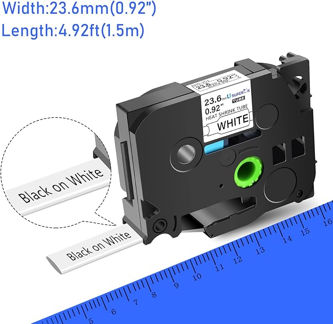 10PK Compatible for Ptouch HSe-251 HSe251 HS-251 HS251 Black on White 23.6mm 0.92'' Heat Shrink Tubing for Wire Cable for PT-P710BTPT-P750WPT-P750WVP Label Maker Tape