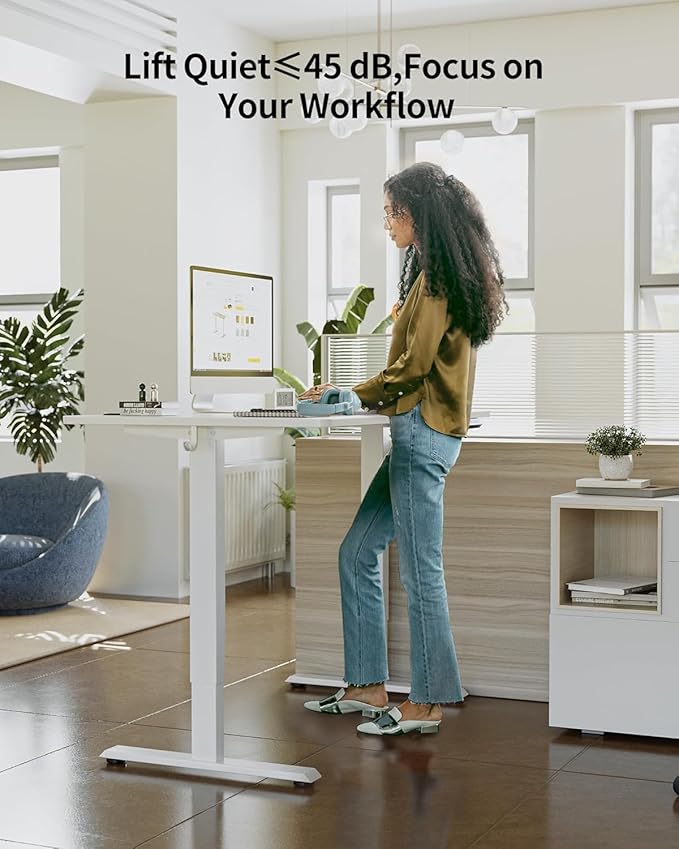 FEZIBO One-Piece Standing Desk Adjustable Height Stand up Home Office Desk, 55x24 Inch Electric Standing Computer Desk, with 4 Memory Presets, Fixable casters, White