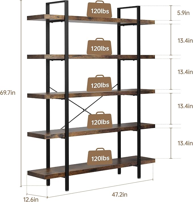 Heavy Duty 5-Tier Industrial Bookcase, 47" Wide Wood Bookshelf for Home Office, 120lbs Shelf Capacity, Rustic Open Shelving Display with Reinforced Horizontal Shelf for Living Room Bedroom