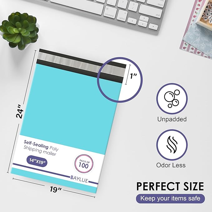 Teal Large Poly Mailers 19x24 Inch | Strong Adhesive Self-Seal Mailer Bags | Tear, Tamper, Water Resistant Shipping Envelopes | Thick Strong polymailer Bags XL Clothing Shipping Bags | 100 Pcs Bulk
