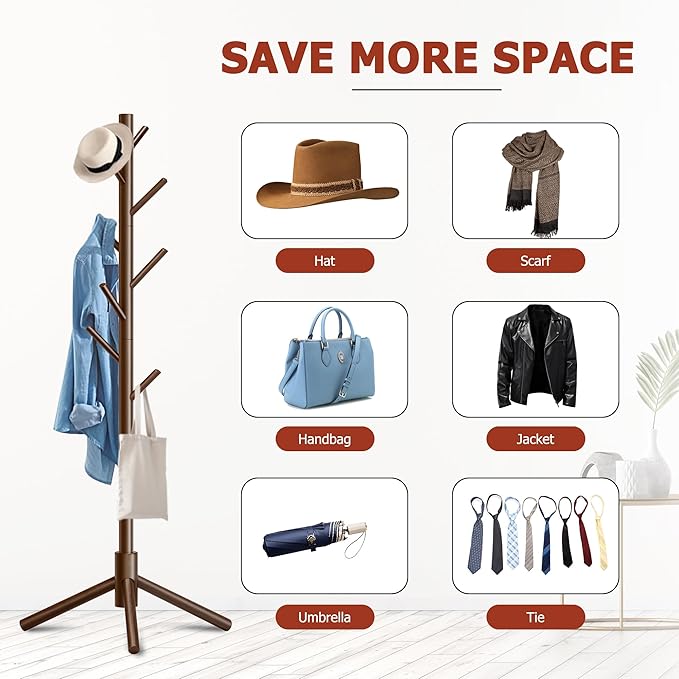 Wooden Coat Rack, Free Standing Coat Rack with 8 Hooks 3 Adjustable Heights for Clothes, Hats, Handbags, Coat Tree Easy Assembly for Entryway, Bedroom, Hallway, Office (New Brown)