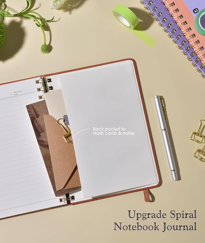 Lined Spiral Journal Notebook, A5 Hardcover Spiral Journals for Women Men, 150 Numbered Pages Spiral Bound Notebook, 100 GSM College Ruled Notebooks for Writing Note Taking 5.75" x 8.38", Brown