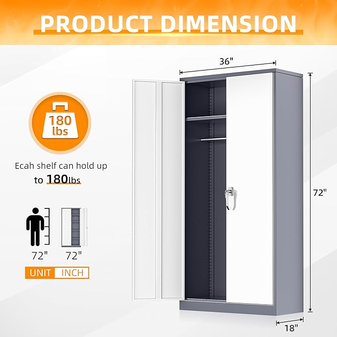 INTERGREAT Metal Storage Cabinet,72 Tall Armoire Wardrobe Closet with Doors,Grey White Storage Locker Cabinets with Adjustable Shelves and Removable Hanging Rods
