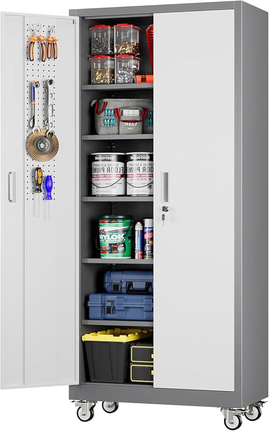 Aobabo Upgraded Garage Storage Cabinets with Wheels,Metal Storage Cabinets with 5 Adjustable Shelves for Garage Home Office Storage, Grey&White,71''H*32''W*16''D,Assembly Required