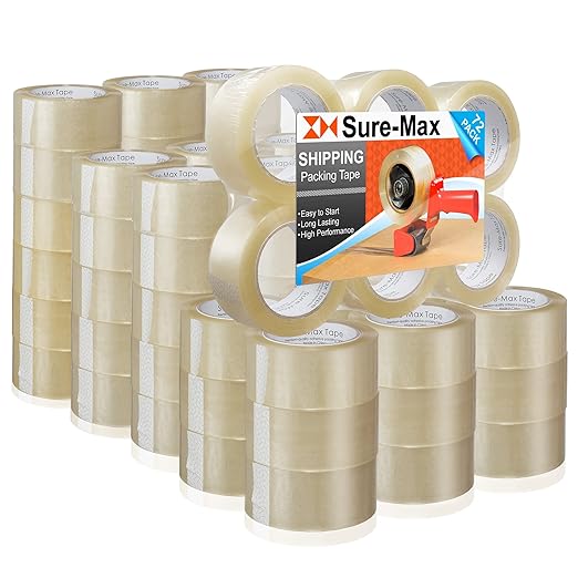 Sure-Max Premium Carton Packing Tape 1.8 mil 330 Feet (110 Yards) - Clear - 2 Cases (72 Rolls Total)