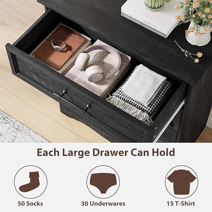 Black Dresser for Bedroom, Farmhouse 36" Tall 4 Drawer Chest with Sleek Brushed Metal Handles, Modern Wood Storage Cabinet with Unique Base Design, Closet Organizer for Bedroom, Living Room, Hallway