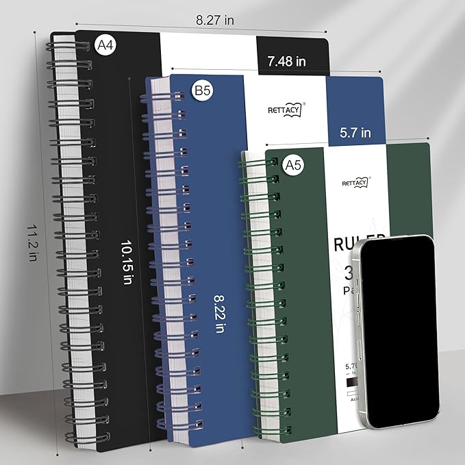 RETTACY Spiral College Ruled Notebook, 300 Pages, A5 Medium Size (5.7" x 8.2"), for School, Work, Writing, Journaling, 100 GSM Thick Paper, Flexible Plastic Cover (Deep Green)