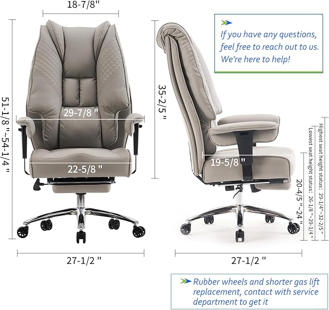 Big and Tall Office Chair 400lbs Wide Seat, Leather High Back Executive Office Chair with Foot Rest, Ergonomic Chairs Lumbar Support for Lower Back Pain Relief (Light Grey)