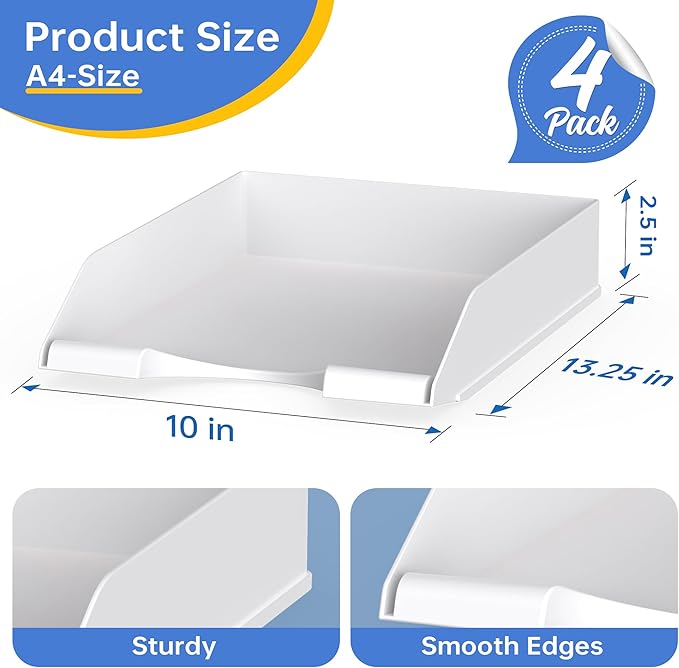 4 Pack Stackable Paper Trays for Letter Documents, Desktop File Organizers for Office Supplies, Stackable Desk Tray Holder for Paper Storage, White