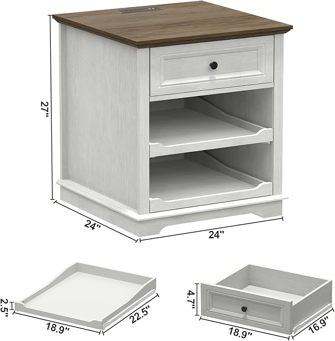 Lateral File Cabinet 3 Drawer File Cabinet with Charging Station, Printer Stand with Open Adjustable Storage Shelves, Lateral Filing Cabinet for Home Office, White