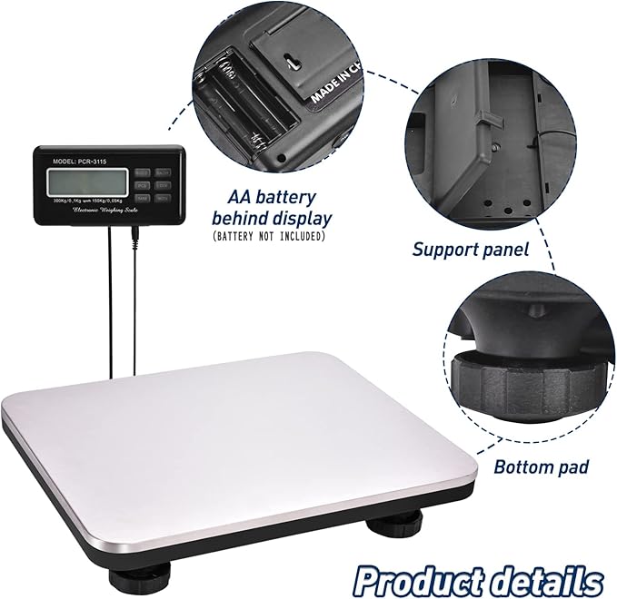 Shipping Scale 660lbs LCD Digital Postal Scale, Stainless Heavy Duty Postage Scale for Packages, 300kg Capacity Platform Scale for Shipping Weighing（14"X 12"）