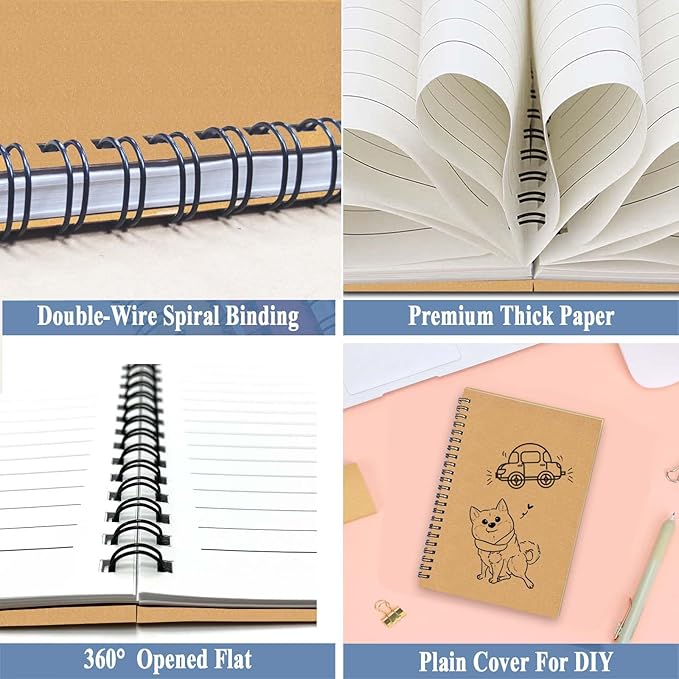 GINMLYDA 4Pack Small Spiral Notebook A5, 8.25x5.5” 120 Lined Pages Wide Ruled Spiral Journal Bulk Blank Kraft Cover Spiral Bound Notebook & Writing Pads for Home Office Meeting Work Note Taking