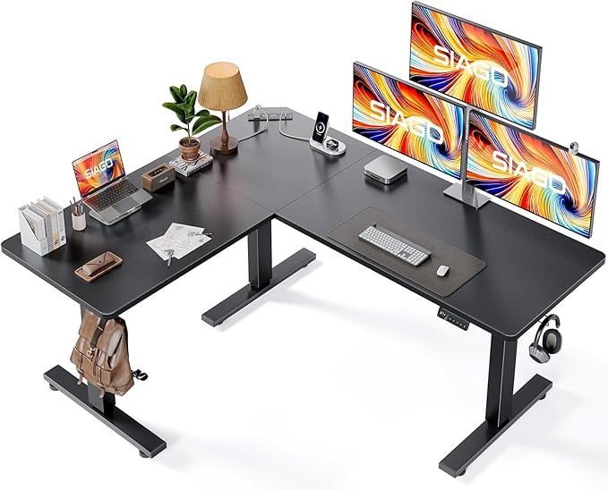 SIAGO L-Shaped Standing Desk - 63 x 55 Inch Adjustable Corner Standing Desk with Charging Station - L Shape Sit Stand Table with Memory Controller, Splice Board for Home Office