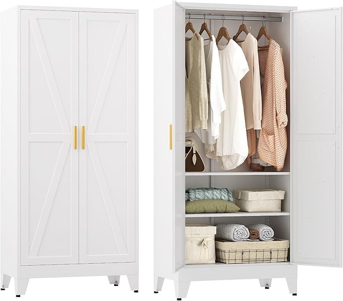 Farmhouse Wardrobe Cabinet,Metal Wardrobe Closet with Hanging Rod,Metal Armoire with Adjustable Shelves for Bedroom,Living Room, Cloak Room,Office (White)