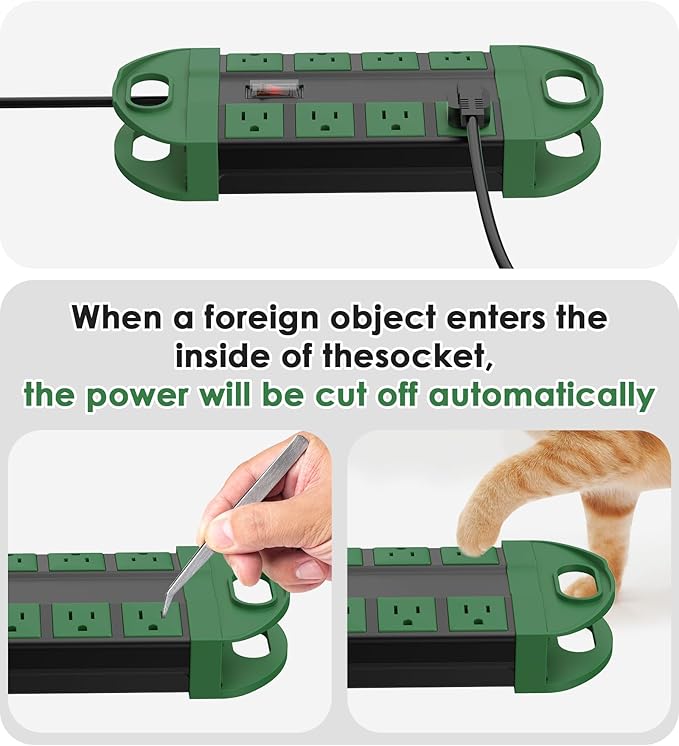 CCCEI Outdoor Power Strip Weatherproof with 8 Plug, Waterproof Extension Cord with Multiple Outlets, Christmas Exterior Garden Yard Surge Protector 15FT, Green.