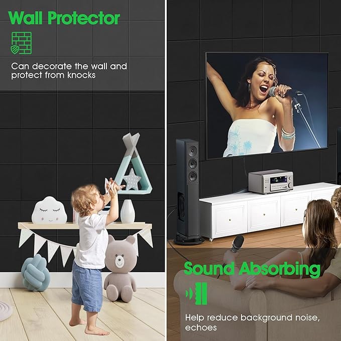 Large Cork Board for Office Wall Decor,48"x36"-12 Pack Felt Wall Tiles with Safe Removable Adhesive Tabs, 1/2" Thick, Felt Bulletin Board Pin Board Cork Boards for Walls - Black