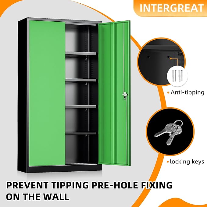 INTERGREAT Metal Storage Cabinet, Garage Steel Locking Cabinets with Doors and 4 Adjustable Shelves, Tall Lockable File Tool Cabinets for Home Office, Classroom Cabinet Basement, Black-Green