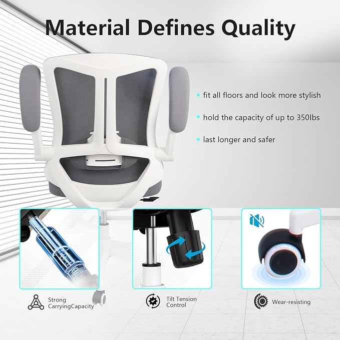 Ergonomic Comfort Home Desk Office Chair, Mid Back Computer Gaming Chair with Wheels, Adjustable Height, Lumbar Support, Flip-up Armrest with 350LBS Capacity (White Grey)