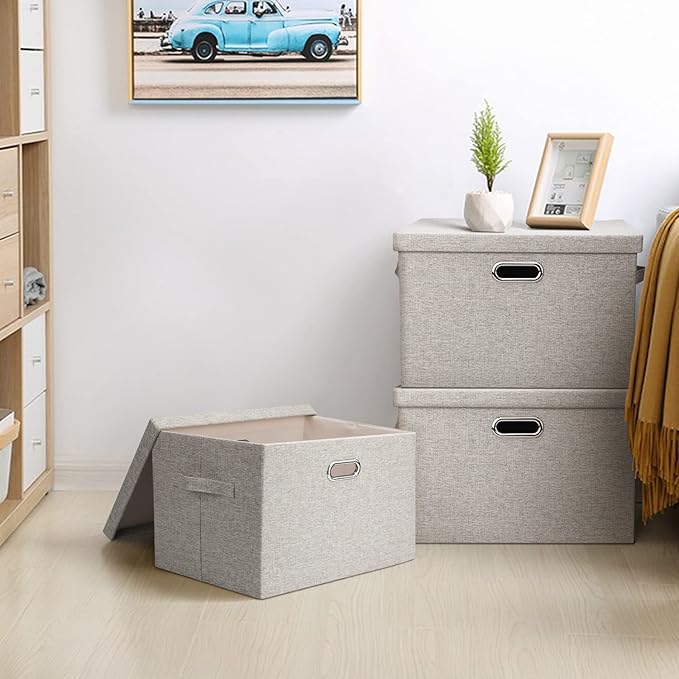 Large 17" 36 Quart Collapsible Stackable Storage Bins with Lids, 5 Packs Beige Linen Fabric Closet Boxes with Lids, Storage Cube Baskets Container Organizers for Bedroom Office(17 x12 x11)
