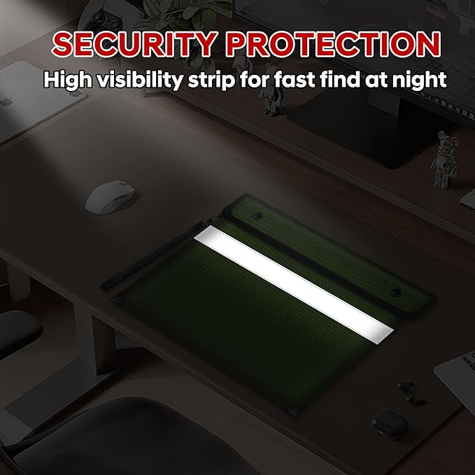 Upgraded Fireproof Document Bag 5200°F Heat Insulated,11"x7.7"Waterproof Fireproof Money Bag with Water-resistant Zipper,Fireproof Envelopes for Documents,Cash,Valuables(Green)