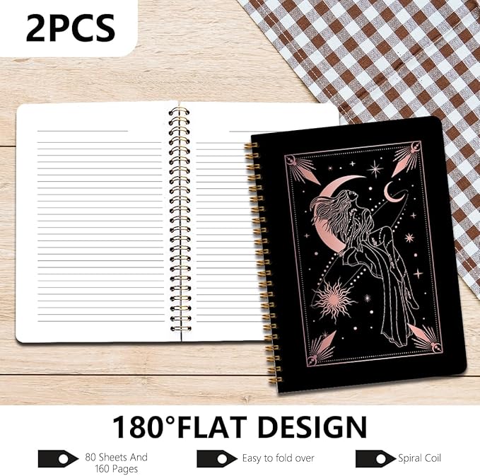 2 Pcs Zodiac Spiral Notebooks for Work, A5(8.3x5.8inch) Composition Notebook College Ruled Note Book, Moon Stars Hardcover Notepads Diary Lined Travel Journal for Writing, Astrology Gifts for Women