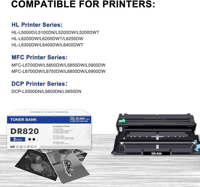 DR820 Drum Unit DR-820 DR 820 HL-L6200DW Compatible Replacement for Brother DR820 for HL-L6200DW HLL6200DW L6200DW MFC-L5850DW MFC-L5900DW MFC-L5700DW HL-L5200DW L5200DWT Printer Drum Unit 2PK