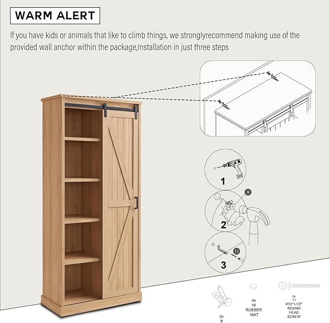 72” Tall Farmhouse Bookshelf, 32” Wide Large Wooden Bookcase w/Sliding Barn Door, 5-Tier Storage Cabinet with Adjustable Shelves, Modern Versatile Cabinet for Living Room, Offices, Natural Oak