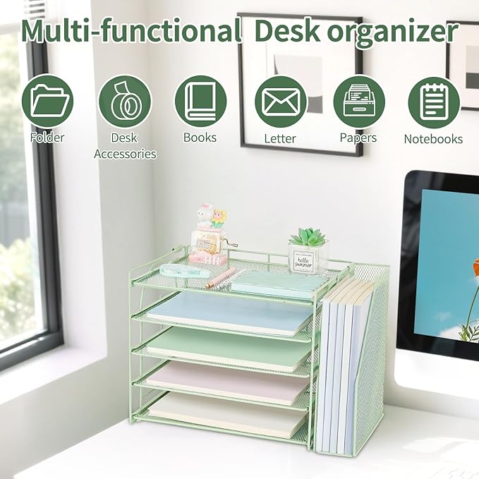 AUPSEN Green Desk Accessories Organizer,5-Tier Letter Tray Paper Organizer with Adjustable File Holder, Desktop Office Desk Accessories for Office Supplies