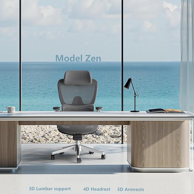 Ergonomic Office Chair, Mesh Home Office Desk Chair with Adjustable Lumbar Support, Gaming Chair with Headrest, 5D Armrest,90-130°Tilt, BIFMA Certified, Model Zen (Grey)