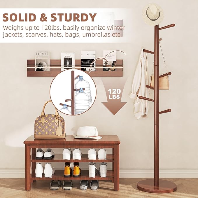 Uniclinens Coat Rack Freestanding Solid Wood Coat Tree Standing with 8 Hooks, Coat Rack Stand Creative Tree Branch-Look (Walnut)