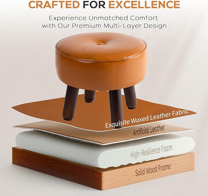 Small Foot Stool Ottoman, Round Pouf Foot Rest, Footstool Ottomans with Rubber Legs Under Desk, Faux Leather Footrest for Couch, Living Room, Bedroom, Hallway, Office, 13''L x 13''W x 10.2''H