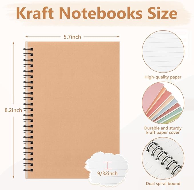 Fuutreo 12 Pcs Spiral Notebook for Work A5 8.3 x 5.7 Inch College Ruled Spiral Journal Notebook Kraft Cover Ruled Paper, 12 Color, 60 Sheets, 120 Pages for Office School(Earthy Color)