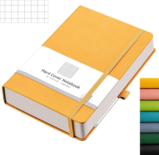 AHGXG Graph Paper Notebook - 320 Pages Grid Notebook Thick Journal A5, 100gsm Thick Graph Paper, Leather Hardcover, Inner Pocket,5.75'' × 8.38''- Yellow