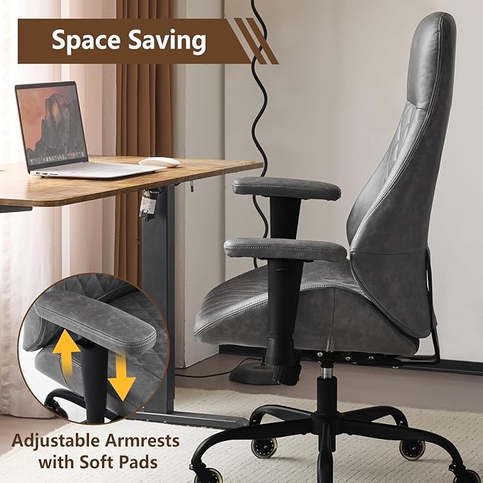 YFO Home Office Desk Chair High Back Office Rubber Chair Casters Ergonomic Computer Chair with Lumbar Support Adjustable Height Rolling Swivel Chair Executive Task Armrests, Grey Leather