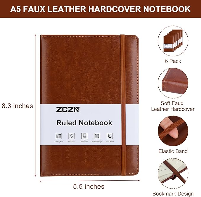 ZCZN 6 Pack Lined Journal Notebooks, 192 Pages A5 Hardcover Leather Journals for Work,Writing,School & Travel, College Ruled Journaling Notebooks for Notes Taking,Diary Journal(Black+Brown+Grey)*2
