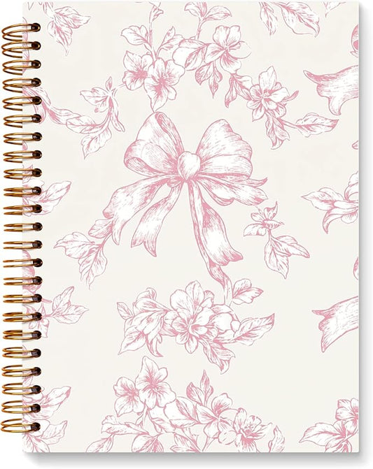 JXREQ Pink Bow Floral Chinoiserie Notebook Journal for Women Note Taking Writing Bible Notes, Coquette Aesthetic Office School Supplies, Girly Spiral Notebooks 5.5x8.3