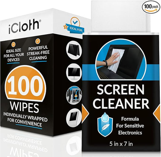 iCloth Large Screen Cleaning Wipes for Electronics, Lint-Free and Streak-Free, Fast-Drying, Removes Dust, Fingerprints, and Smudges (100 Wipes)