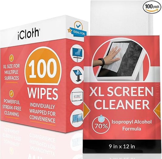 iCloth XL Screen Cleaning Wipes, Lint-Free and Streak-Free, Fast-Drying, Removes Dust, Fingerprints, and Smudges (100 XL Wipes)