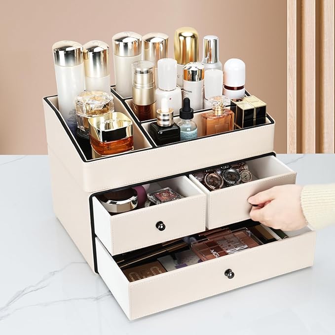 KINGFOM Leather Makeup Organizer with 3 Drawers, 2 Tier Cosmetic Storage Organizer for vanity Dresser Countertop and Bathroom Vanity, Beauty Holder for Lipstick Brush Skincare (Beige)