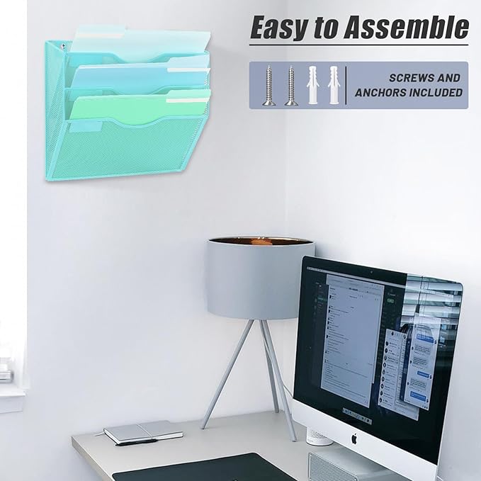 EASEPRES 3 Pocket Mesh Hanging Wall File Organizer, Wall Mounted Mail Paper Document Folder Holder, Clipboard Storage Organization Magazine Rack with Nametag Label for Office Home School, Blue