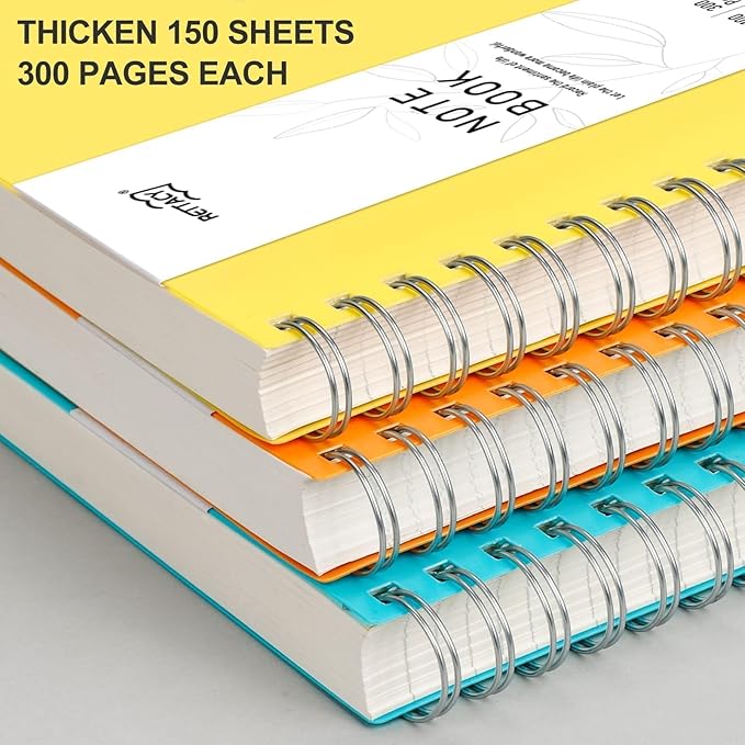 RETTACY Spiral College Ruled Notebook, 300 Pages, A4 Large Size (8.2" x 11.2"), for School, Work, Writing, Journaling, 100 GSM Thick Paper, Flexible Plastic Cover (Yellow)