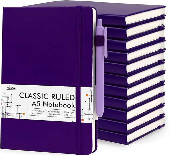 feela 12 Pack Notebooks Journals Bulk, Hardcover Notebook Classic Ruled Journal Set with Pen Holder for School Business Work Travel Writing, with 12 Black Pens, 120 GSM, 5.1”x8.3”, A5, Purple