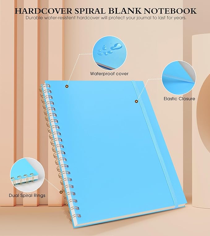 Blank Spiral Notebook Journal 8.5” x 11”, A4 Large Sketch Book for Women Men, 100 GSM Blank Paper Drawing Notebook, Plastic Hardcover Spiral Bound Sketchbook for Sketching Work School Writing, Blue