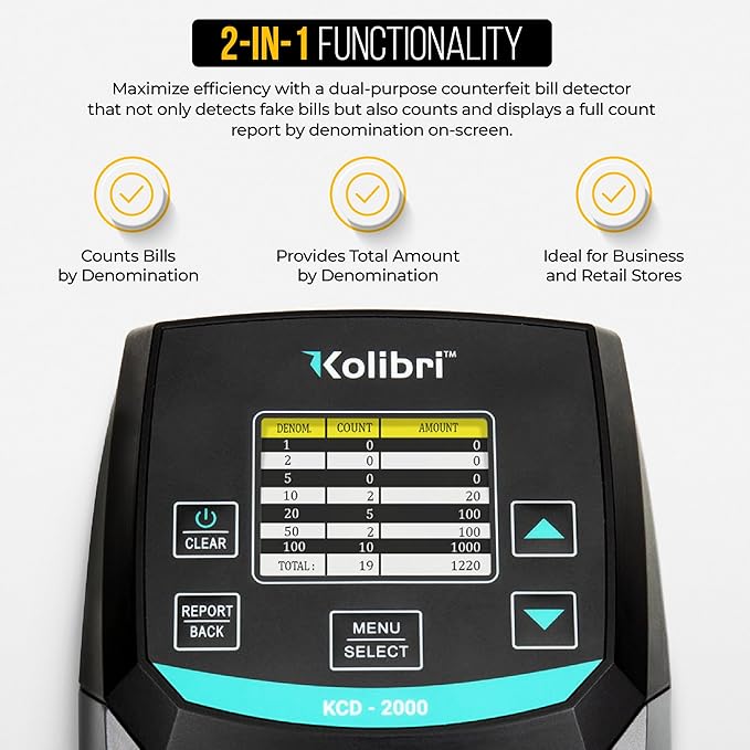 KOLIBRI KCD-2000 Advanced Counterfeit Bill Detector | All-Orientation Counterfeit Detection Bill Counter | Money Counter by Denomination | Detect Fake Bills Fast