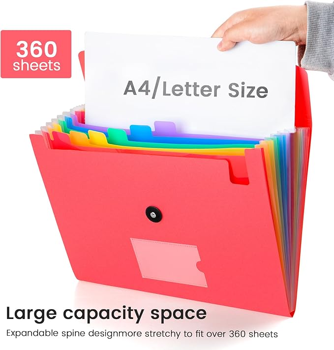 13 Pocket Expanding File Folder Accordian File Organizer, A4 Letter Size Paper Document Receipt Holder for School Office Supplies, Pink