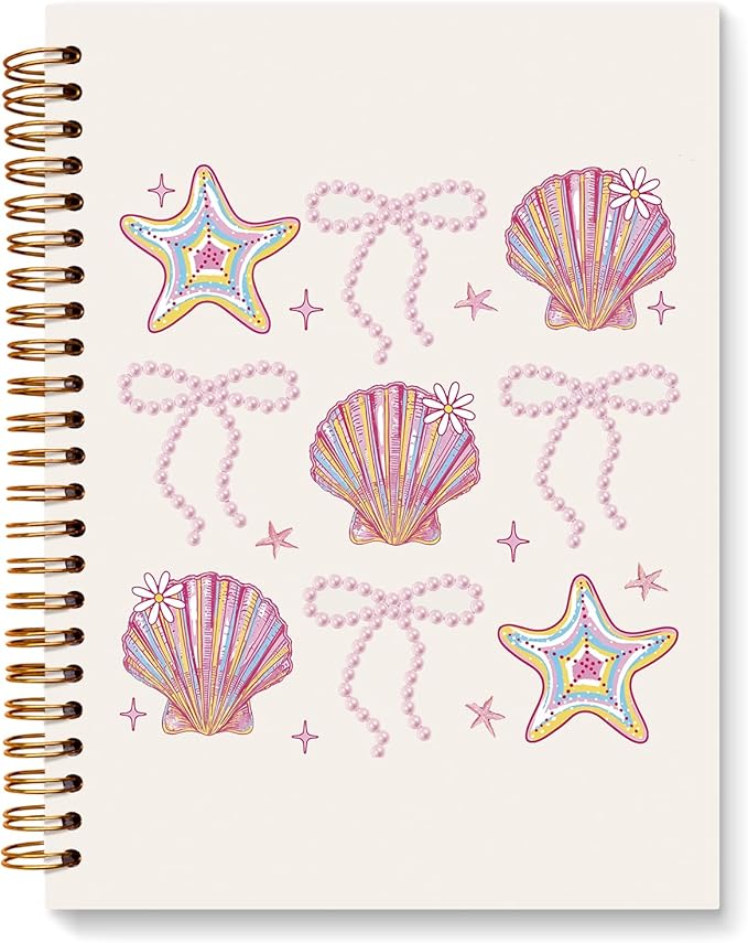 JXREQ Coquette Pink Bow Seashell Notebook Journal for Women, Preppy Aesthetic Journaling Notebooks for Note Taking, Girly Office Supplies, Trendy Beachy Spiral Notebooks 5.5x8.3