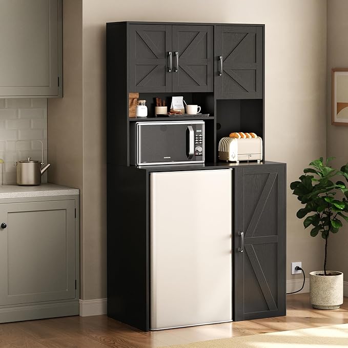 Mini Fridge Cabinet with Storage, Coffee Bar Cabinet with Mini Fridge Space and Outlet, Wine Bar Stand with Microwave Shelf, Beverage Station for Kitchen, Dorm, Office Black KH02MRB