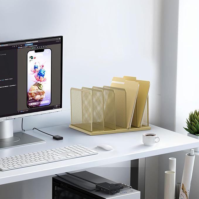 Kuntine.B Desk File Organizer Upright Mesh Desktop Organizer File Sorter Office Organization File Holder for Home, Office & Classroom (Gold, 1 Pack 5-Section)